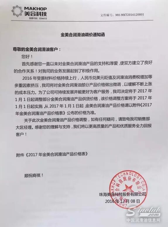 【通知】金美合润滑油调价通知