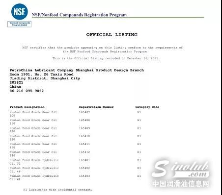 昆仑食品级液压油、齿轮油获得国际认证公司NSF-H1食品级产品注册