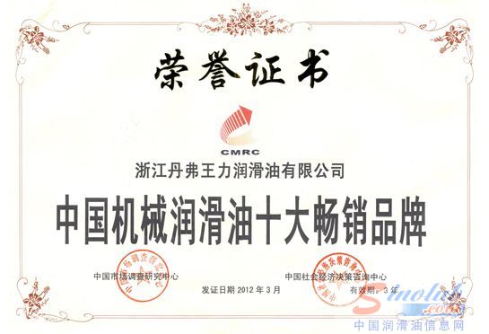 丹弗润滑油获“中国机械润滑油十大畅销品牌”荣誉