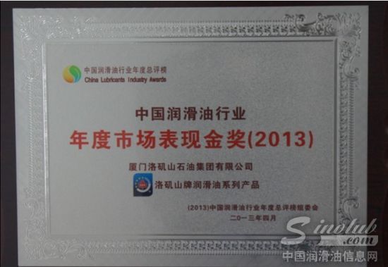洛矶山牌润滑油获“中国润滑油行业年度市场表现金奖”殊荣